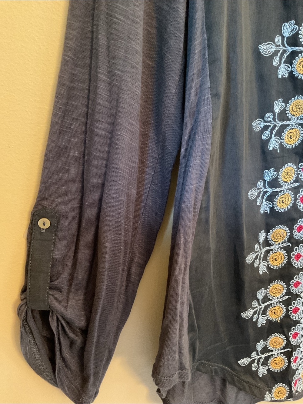 Anthropologie TINY Embroidered Black and Gray Silk Blend Boho V-neck Blouse - Picture 3 of 11
